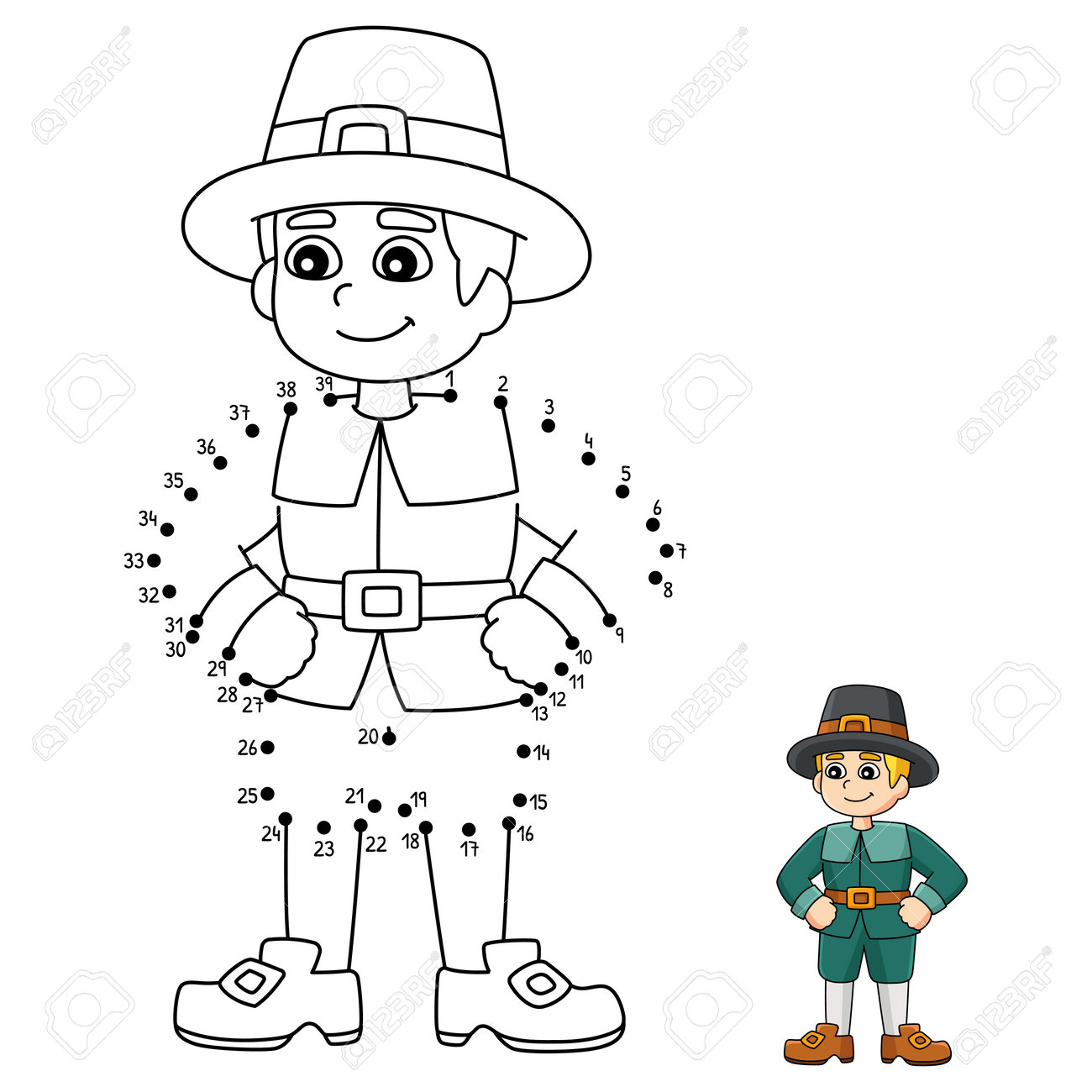 Dot to dot thanksgiving pilgrim boy coloring page royalty free svg cliparts vectors and stock illustration image