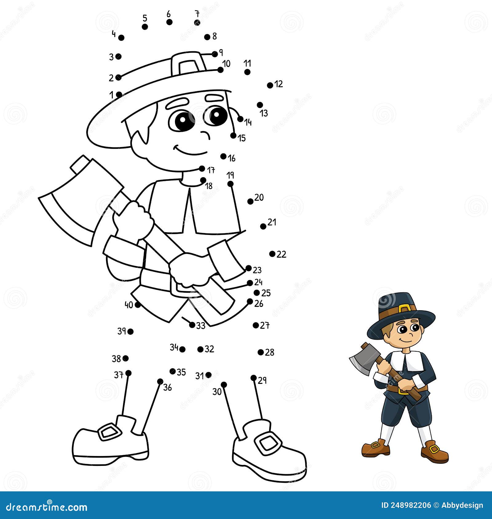Dot to dot thanksgiving pilgrim boy coloring page stock vector