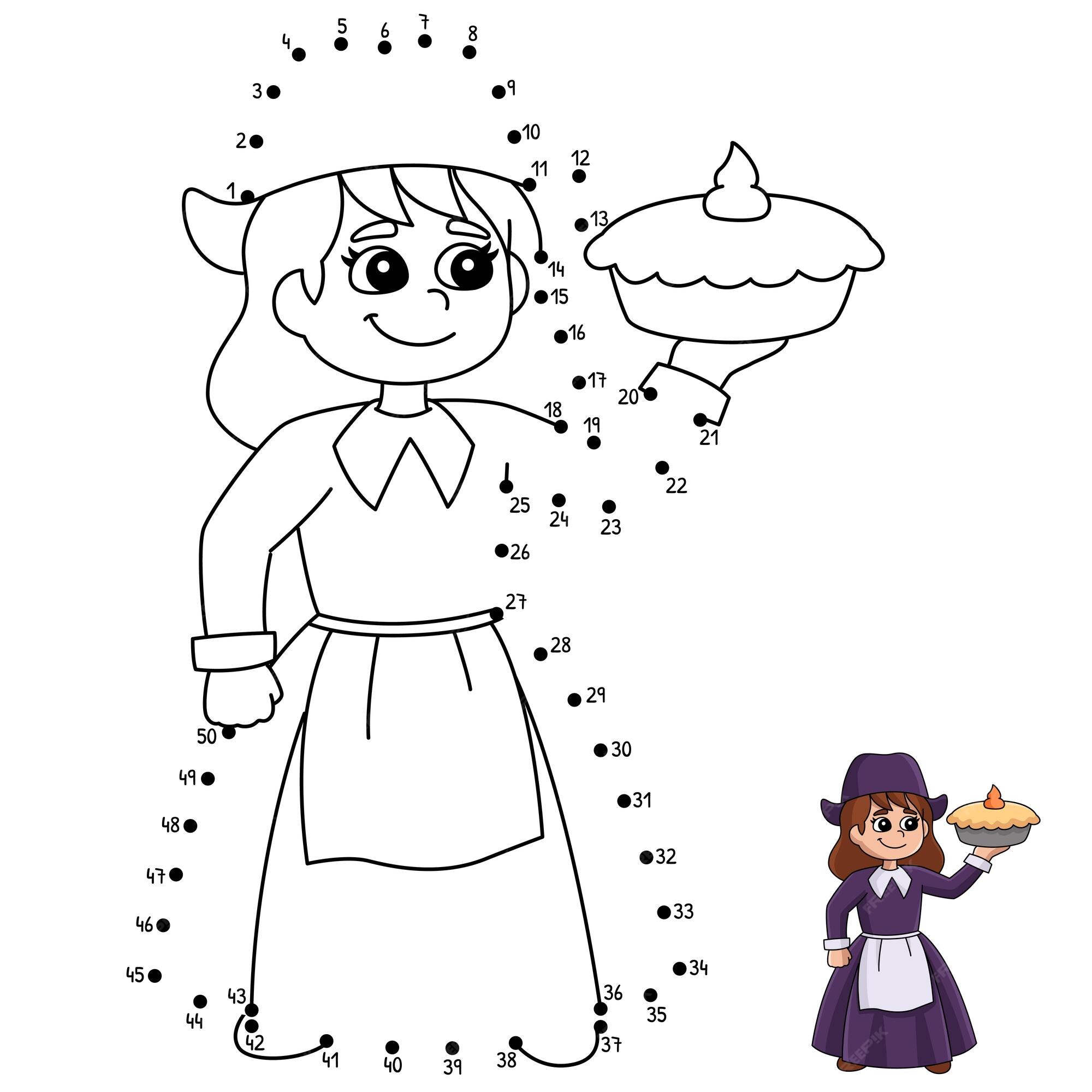 Premium vector dot to dot thanksgiving pilgrim girl holding pie