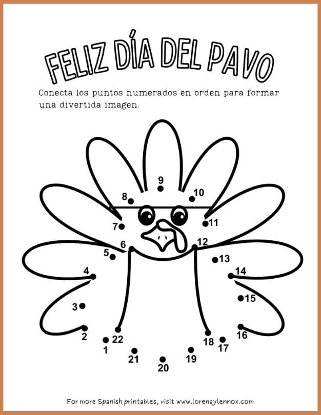 Thanksgiving dot to dot printable worksheets in spanish