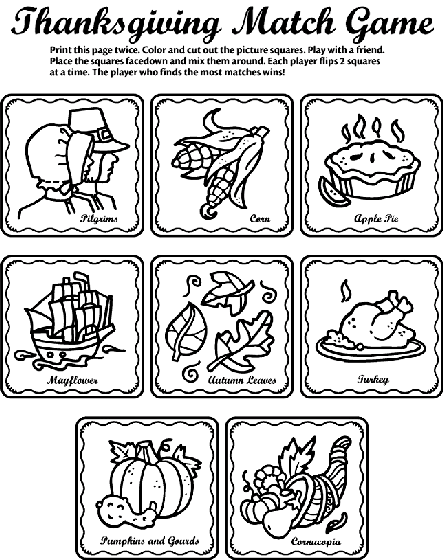 Thanksgiving matching game free coloring page for kids