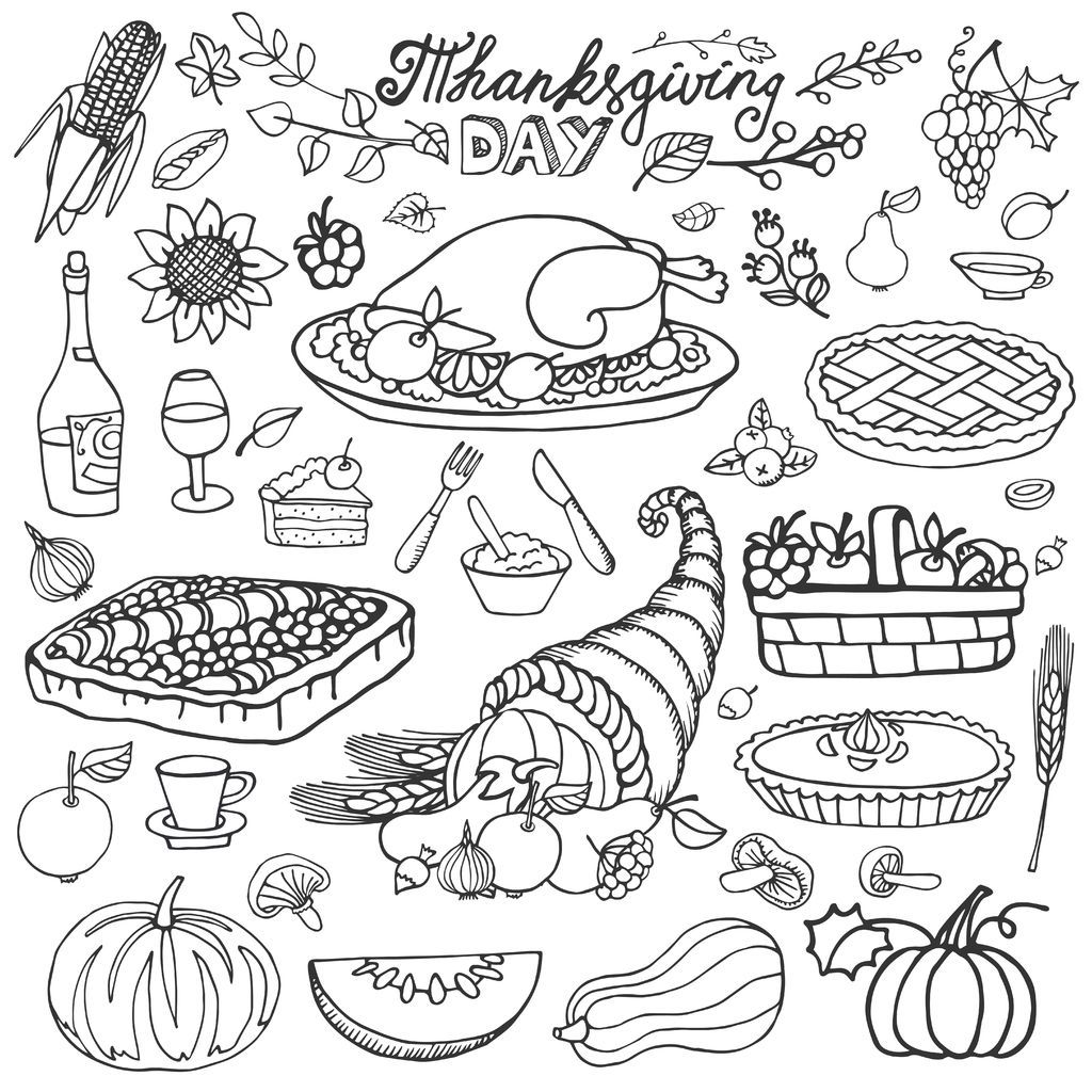 Thanksgiving day icons and cliparts harvest cornucopia turkey pumpkin cakes good appetiâ food coloring pages thanksgiving coloring pages coloring pages