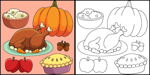 Premium vector thanksgiving feast coloring page illustration