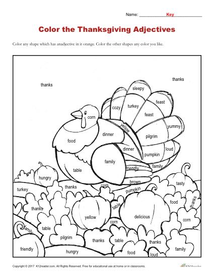 Thanksgiving adjectives printable coloring activity