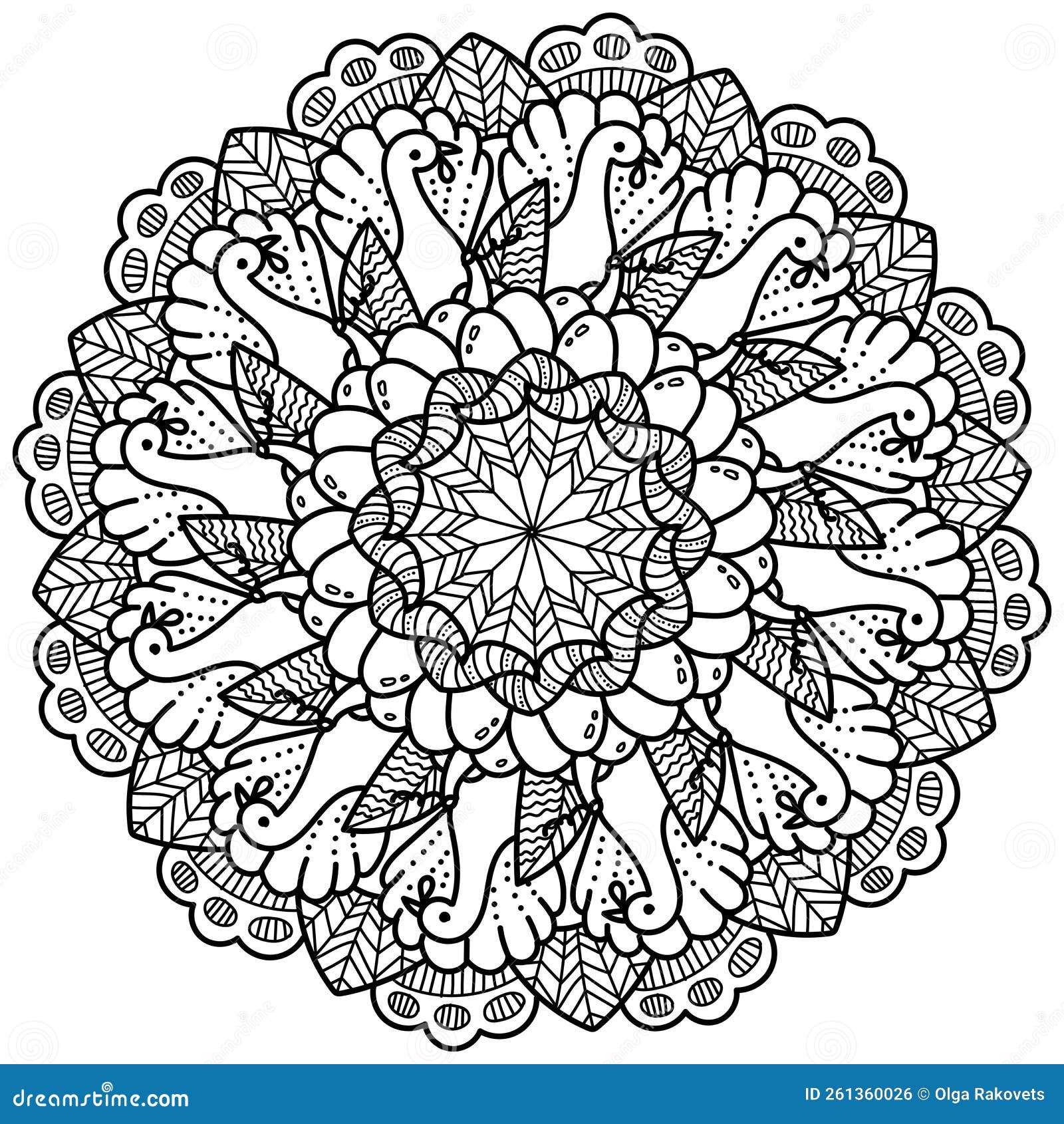 Thanksgiving mandala with turkey pumpkin and swirls meditative coloring page with patterns stock vector