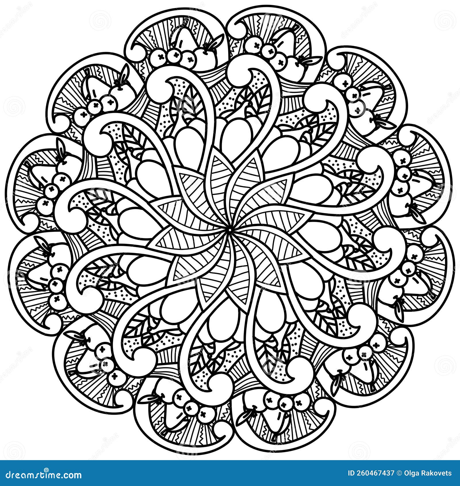 Thanksgiving mandala with gifts of autumn berries and vegetables coloring page with swirls stock vector