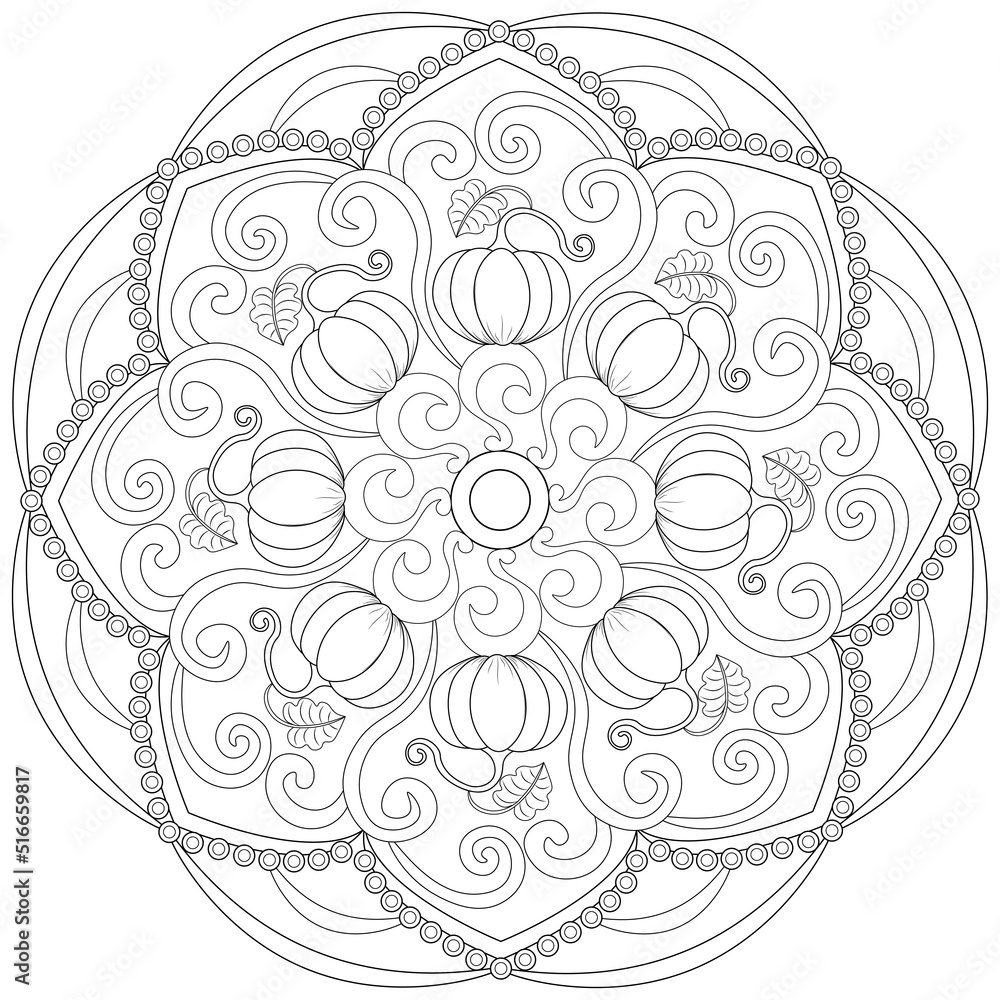 Mandala thanksgiving day pumpkins and swirl pattern colouring page vector object isolated on white background vector