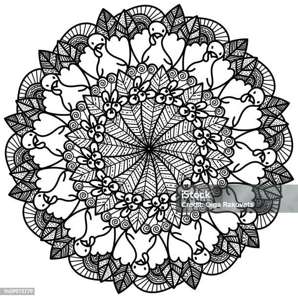 Thanksgiving mandala with bird and autumn leaves coloring page with patterns stock illustration