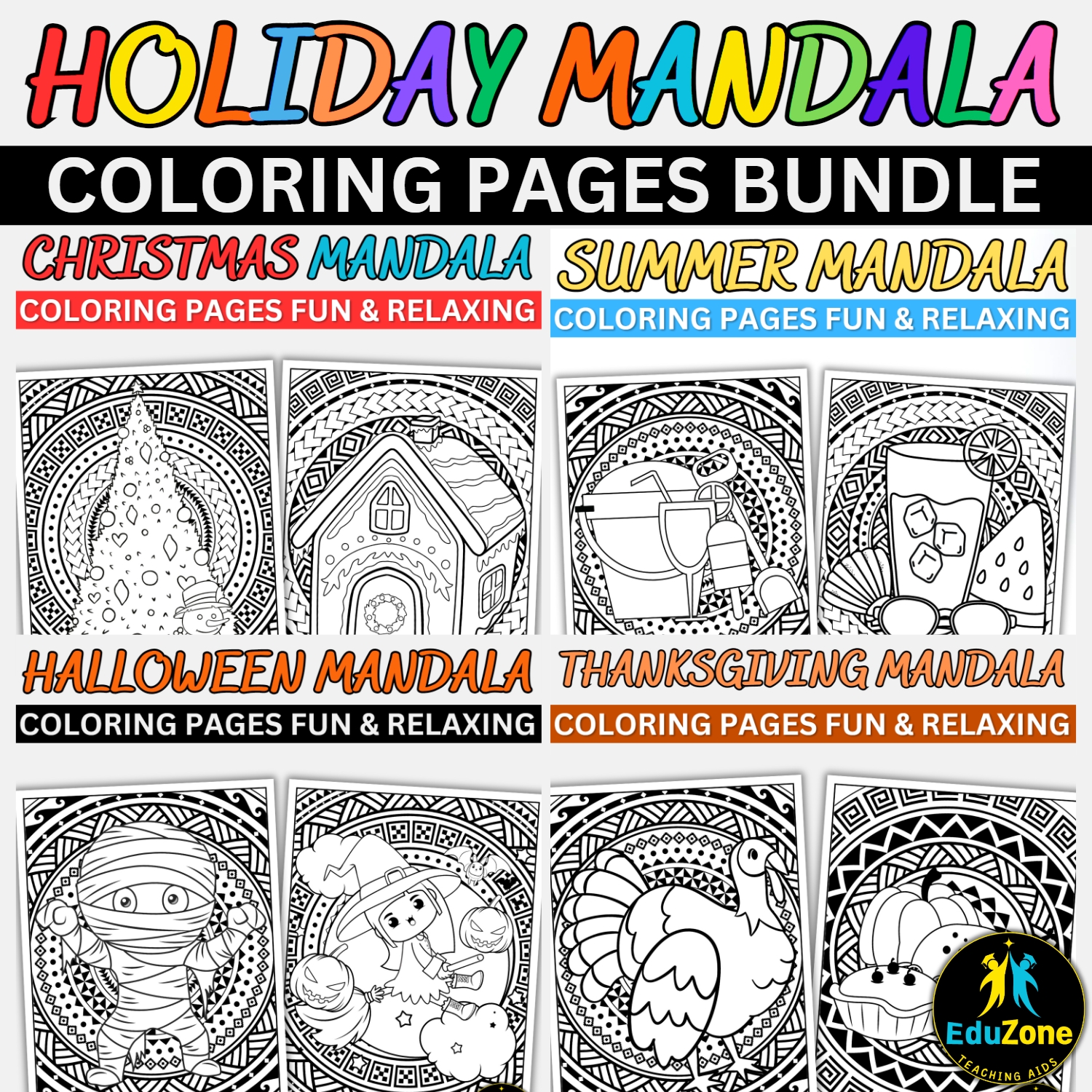 Holiday coloring pages bundle winter summer spring thanksgiving christmas halloween more made by teachers