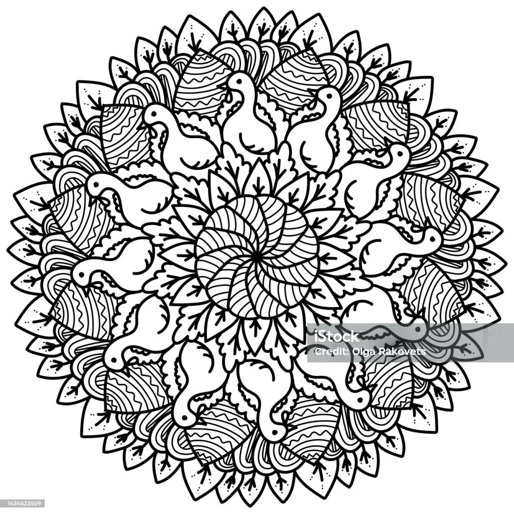 Thanksgiving mandala with bird and autumn leaves coloring page with patterns stock illustration