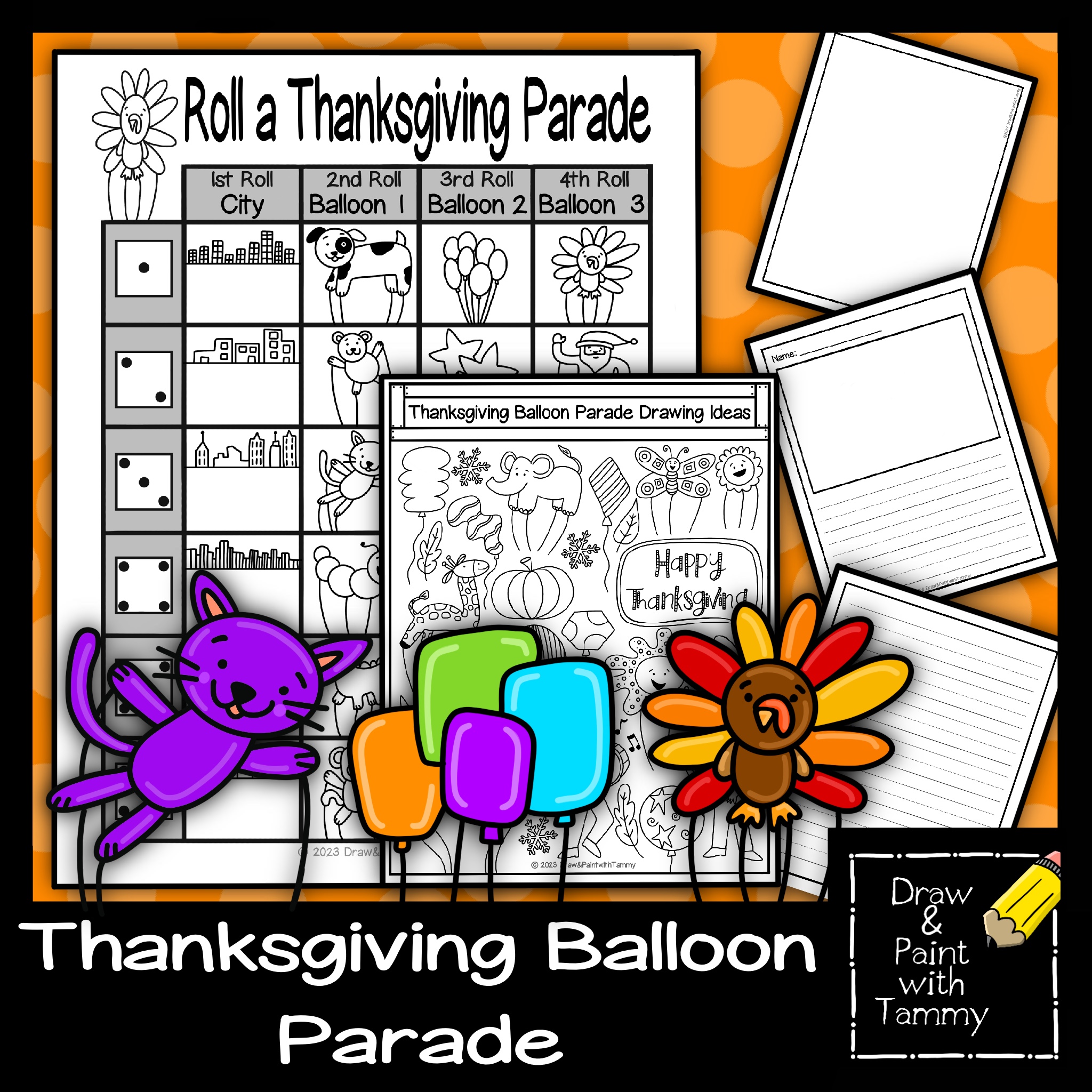 Roll a thanksgiving day balloon parade roll and draw art writing sub activity made by teachers