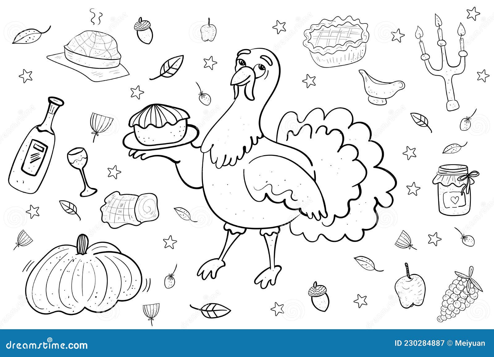 Large set of cute turkey and pie and pastries fruits coloring page holiday thanksgiving vector illustration stock vector
