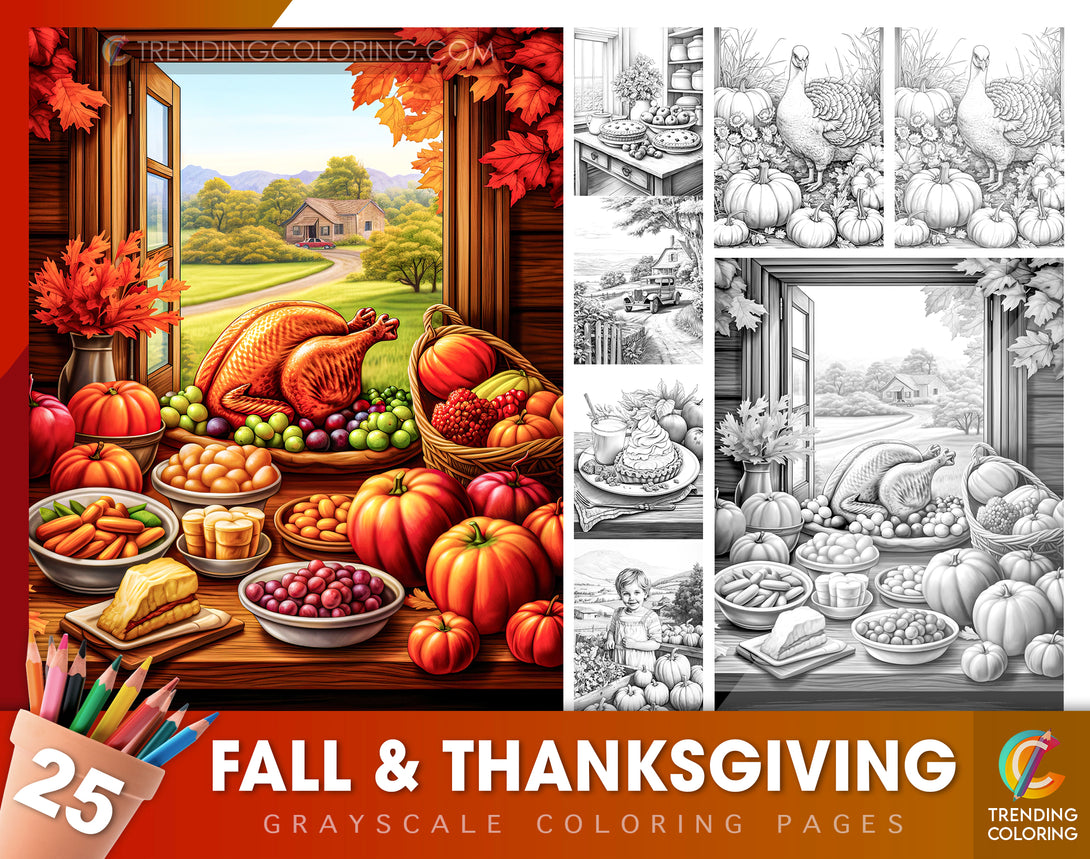 Fall thanksgiving grayscale coloring pages