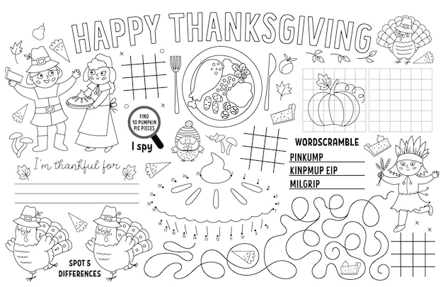 Premium vector vector thanksgiving placemat for kids fall holiday printable activity mat with maze tic tac toe charts connect the dots find difference black and white autumn play mat or coloring