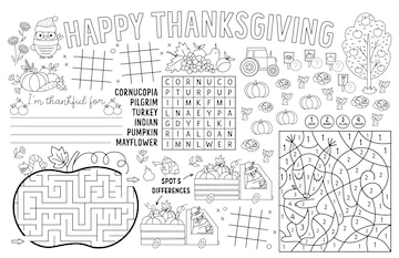Premium vector vector thanksgiving placemat for kids fall holiday printable activity mat with maze tic tac toe charts connect the dots find difference black and white autumn play mat or coloring