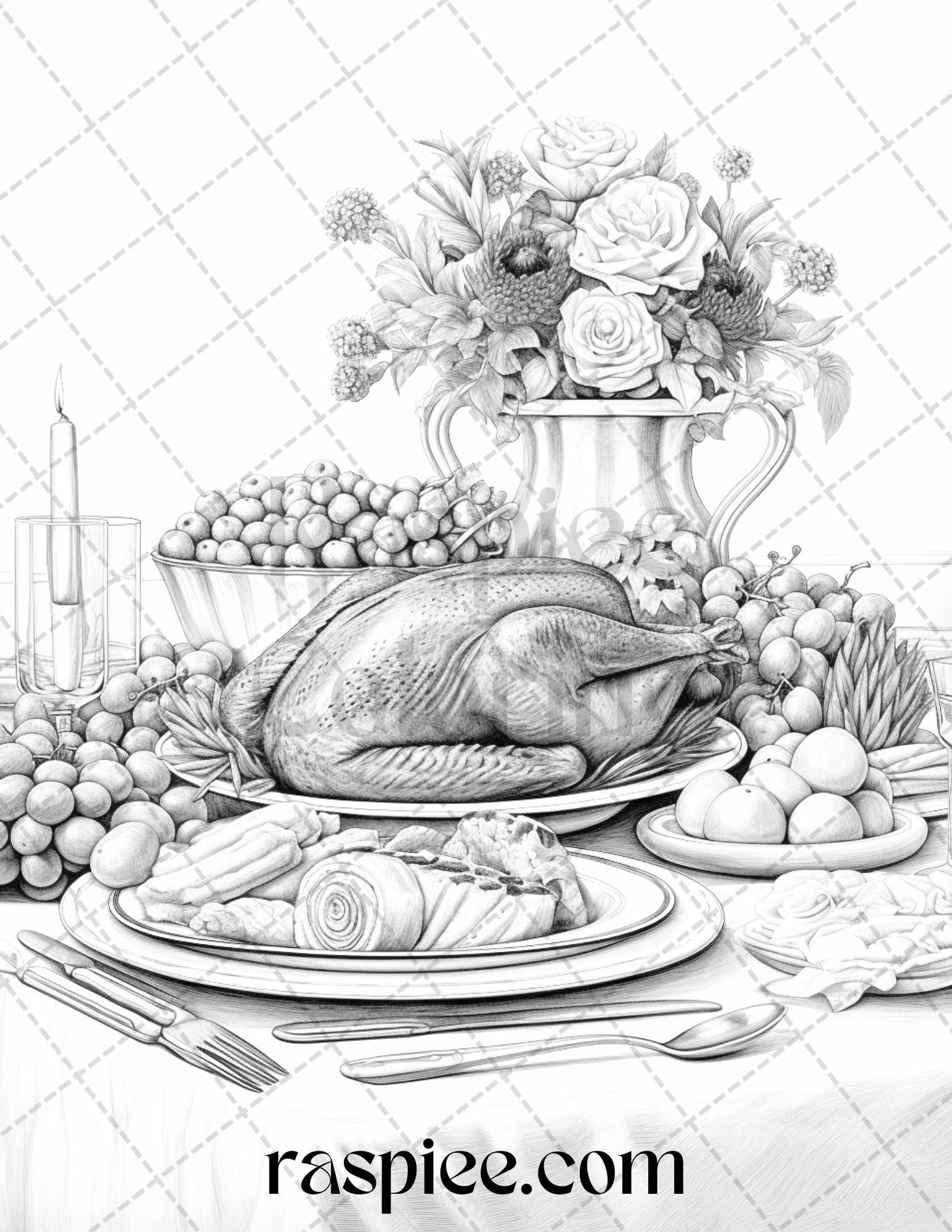 Thanksgiving dinner grayscale coloring pages for adults relaxing fall â coloring
