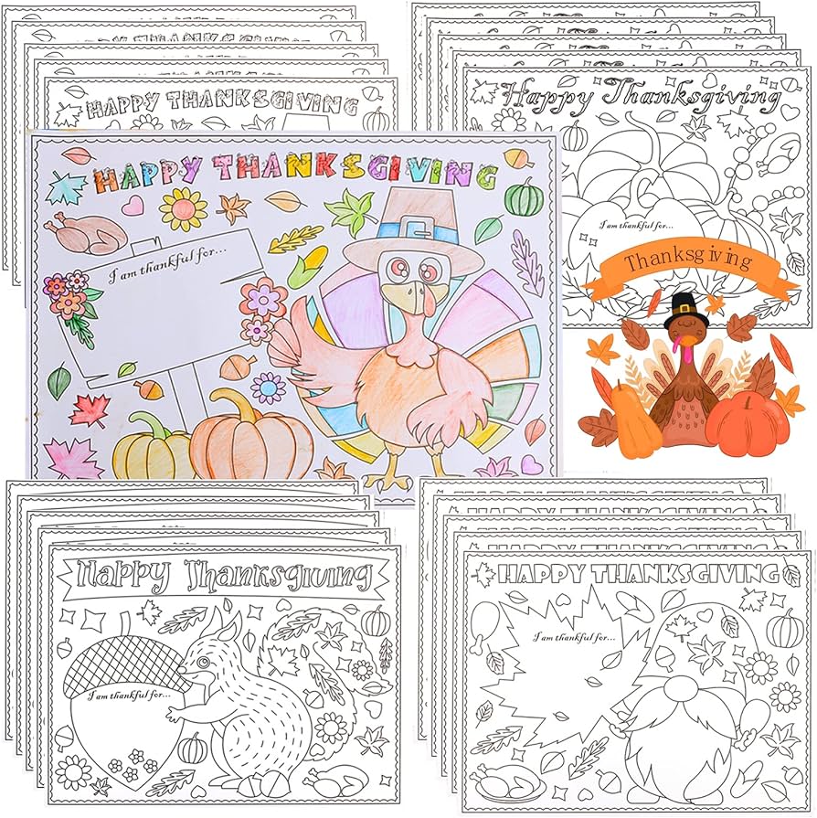 Ãnewã thanksgiving placemat for kid table mat coloring activity paper crafts to write thankful list by children sunflower maple leaves pumpkin gnomes turkey give thanks placemats for kid gift