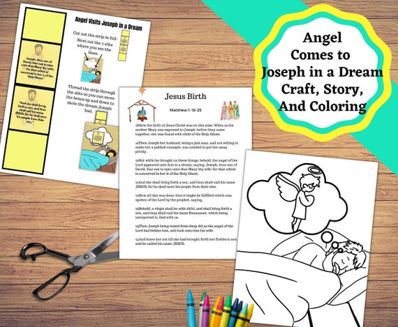 Angel visits joseph in a dream to tell him about jesus print lesson set with craft story and coloring pages