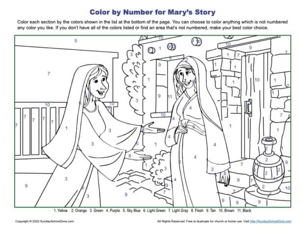 Marys story color by number activity on sunday school zone