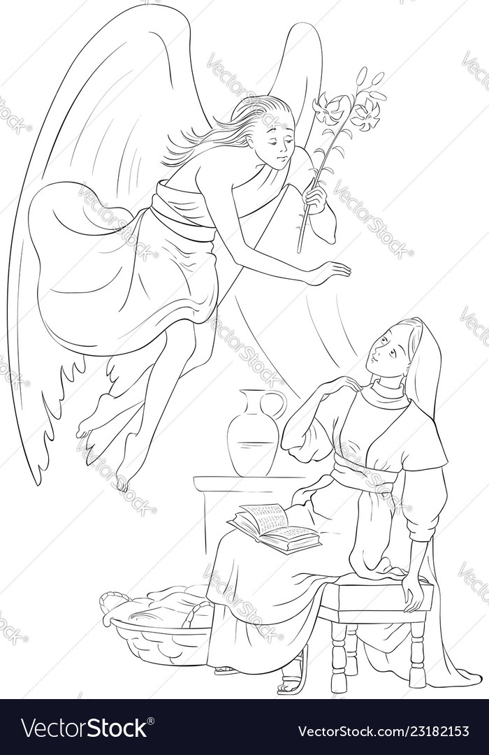 Annunciation coloring page angel and mary cartoon vector image