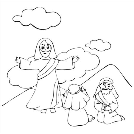 Ascension of jesus christ in white robes standing on a cloud with arms open hand drawn coloring pages for kids and adult biblical vector illustration royalty free svg cliparts vectors and stock