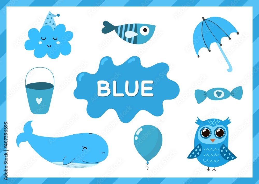 Blue educational worksheet for kids learning the color blue set activity page with main color for toddlers vector illustration vector