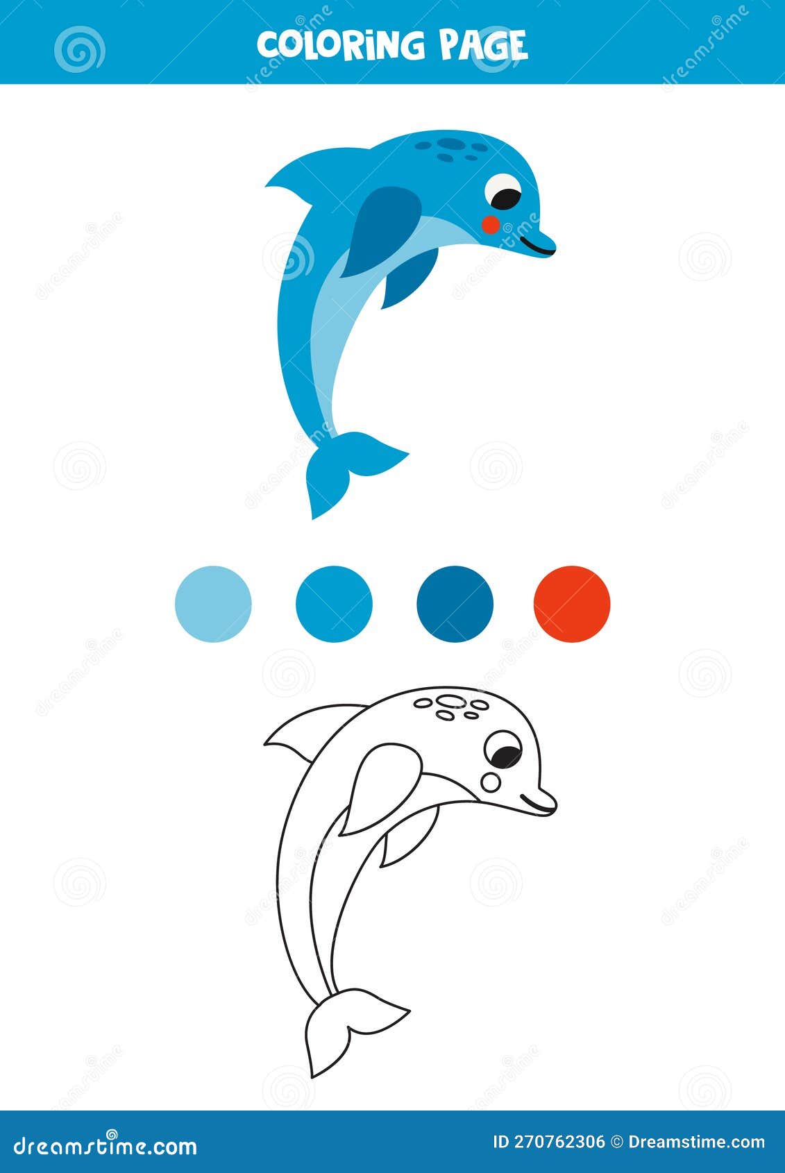 Color cute blue dolphin worksheet for kids stock illustration