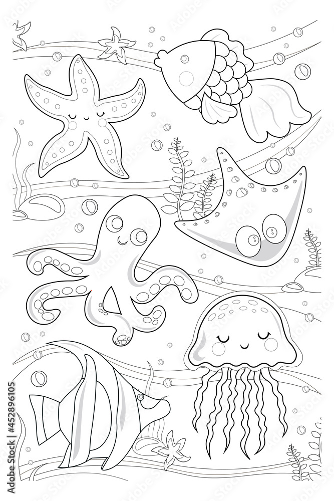 Vector coloring book marine life coloring page sea life underwater world with fish algae squid octopus starfish jellyfish for kids vector