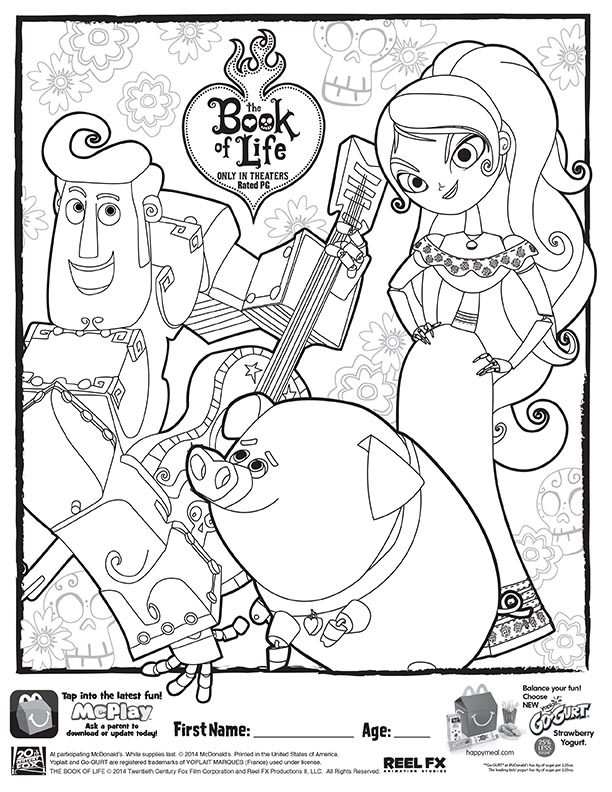 Mcdonalds happy meal coloring and activities sheet â book of life hm coloring sheet â kids time