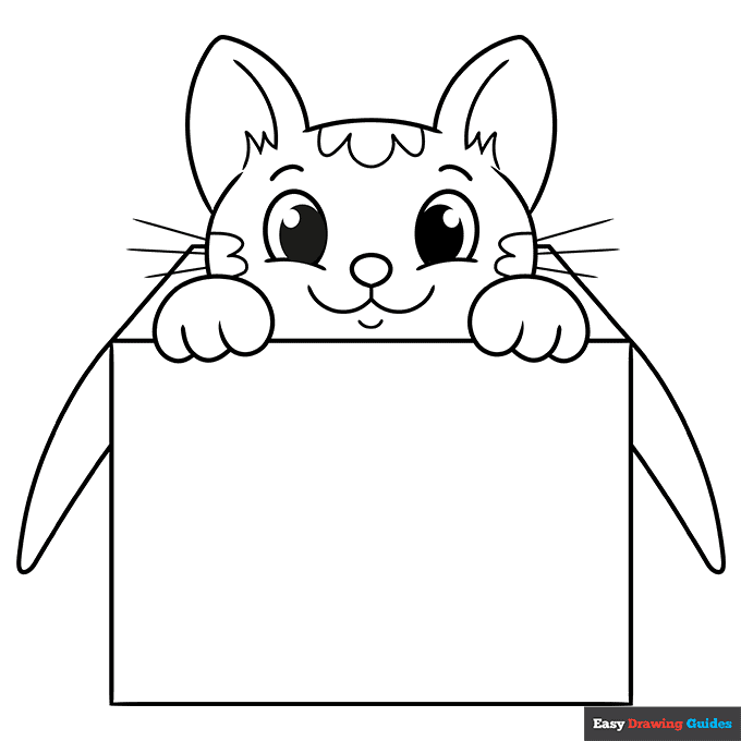 Cat in a box coloring page easy drawing guides