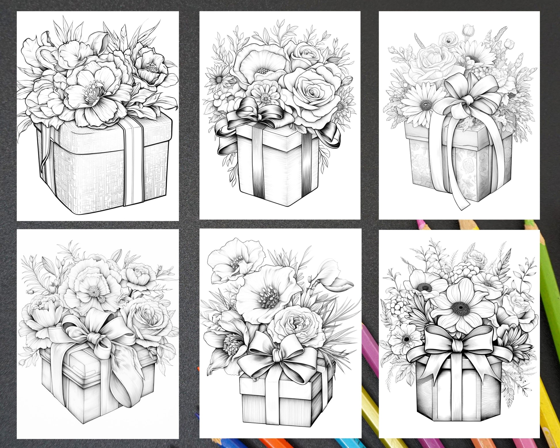 Flower gift box grayscale coloring pages printable for adults kids â coloring