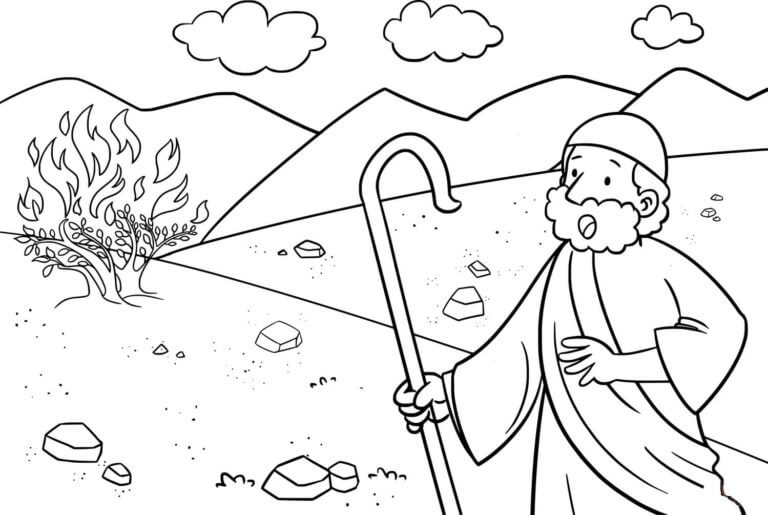 Moses looks at the burning bush coloring page