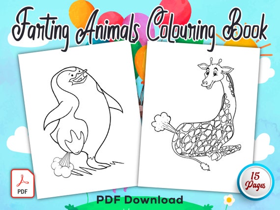 Farting animals colouring book pages of fun for boys girls teens kids birthday party activity kids birthday party digital download