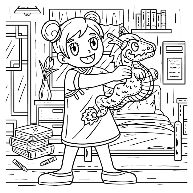 Premium vector a cute and funny coloring page of a girl with a dragon plushie provides hours of coloring fun for children color this page is very easy suitable for little