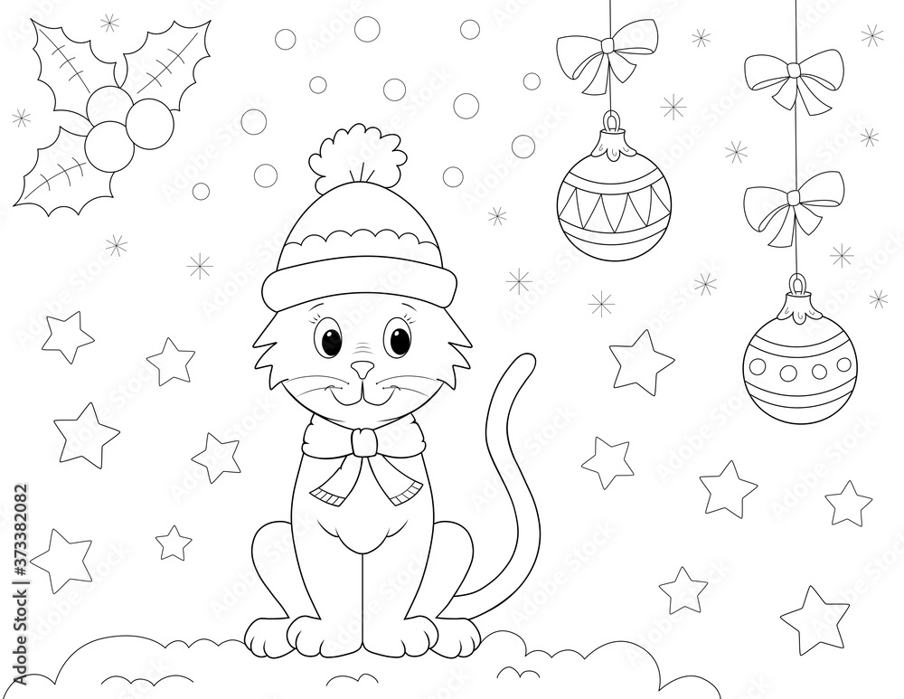 Christmas cat coloring page illustration