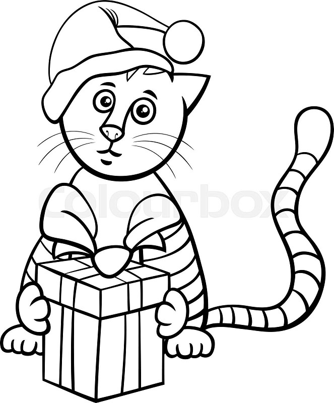 Cartoon cat with gift on christmas coloring page stock vector