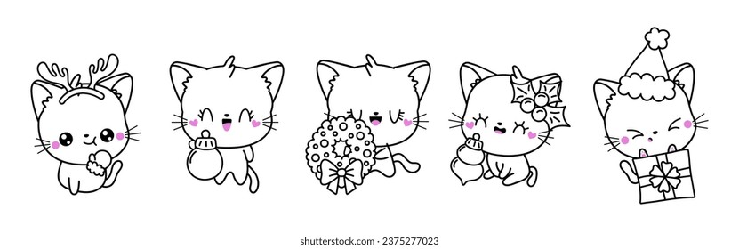 Set kawaii christmas cat coloring page stock vector royalty free