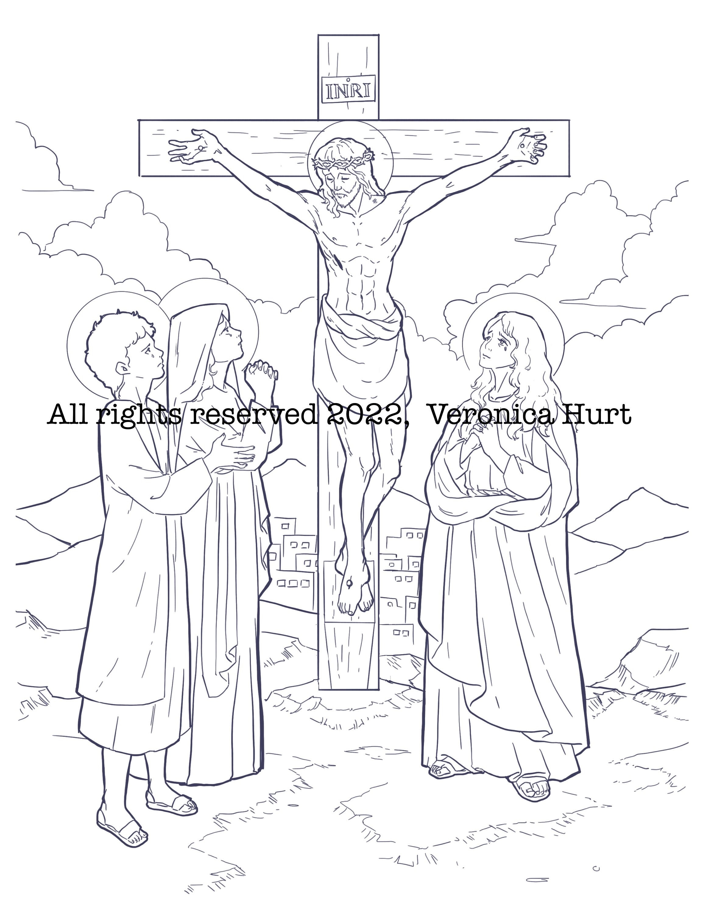 The crucifixion coloring page sorrowful mystery catholic coloring page kids and adults
