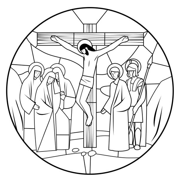 Outline drawing of stained glass window depicting the scene of the crucifixion of christ in a round frame stock illustration