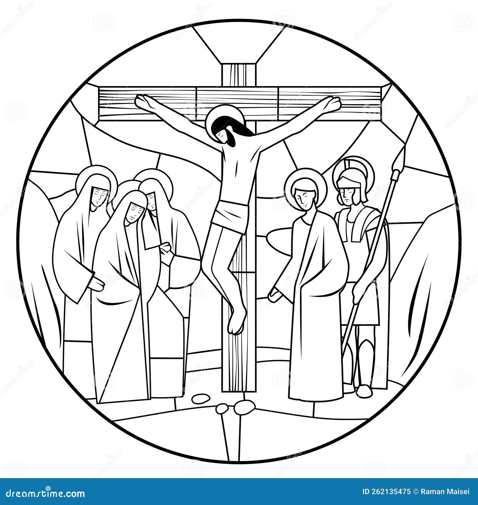 Outline drawing of stained glass window depicting the scene of the crucifixion of christ in a round frame stock vector