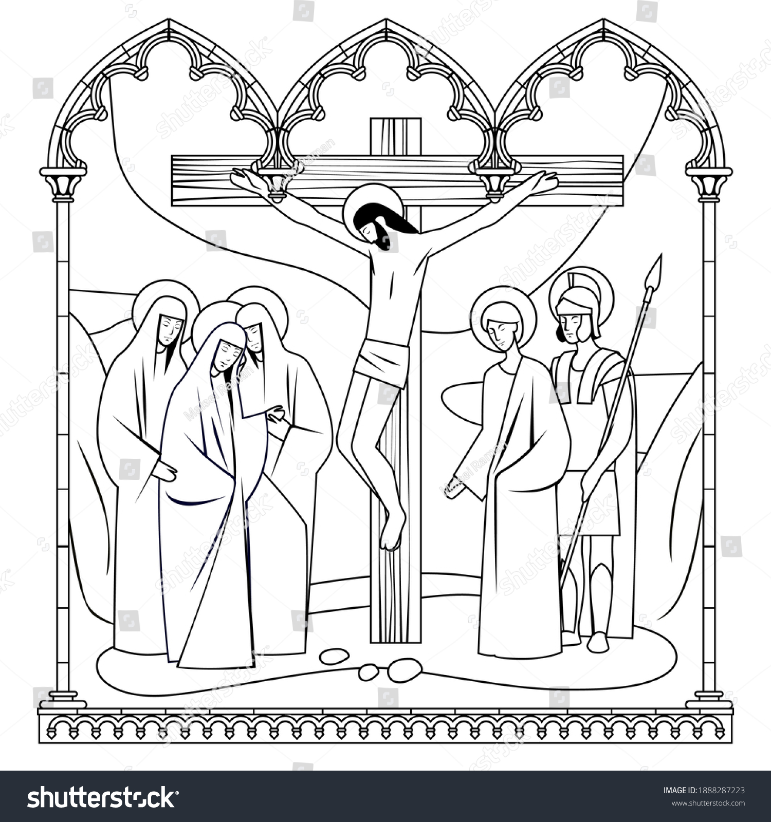 Scene crucifixion christ classic gothic frame stock vector royalty free