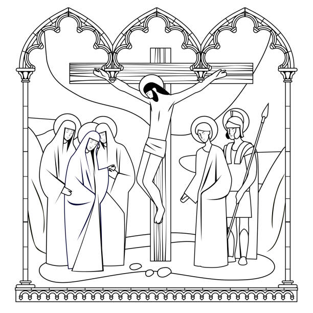 Scene of the crucifixion of christ in a classic gothic frame stock illustration