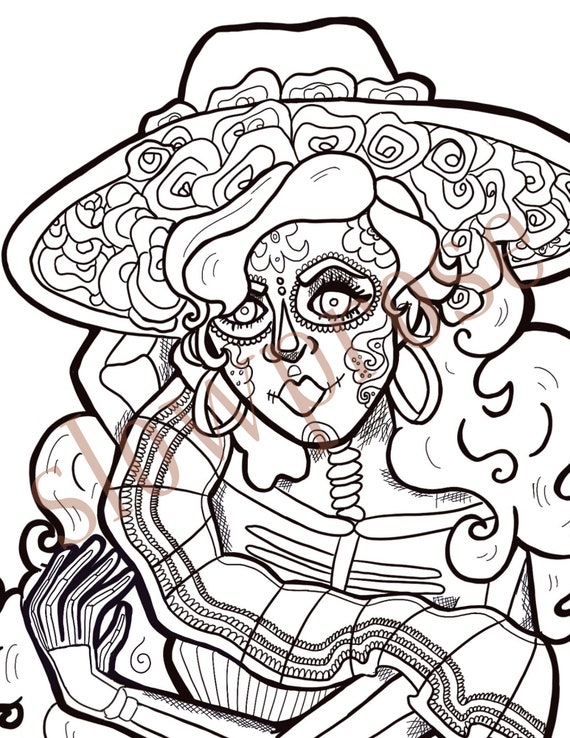 Printable day of the dead woman coloring page for adults dia de los muertos la catrina mexican culture drawing mexican holiday art