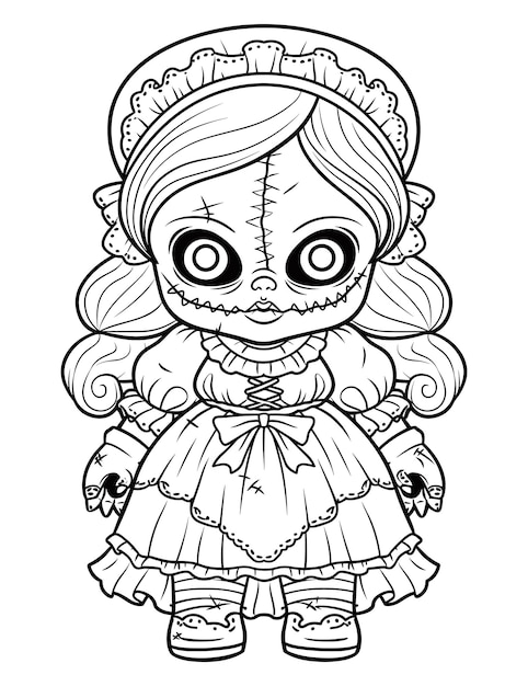 Premium vector doll with scary sinister expression spooky gothic horror coloring page clean line drawing strong