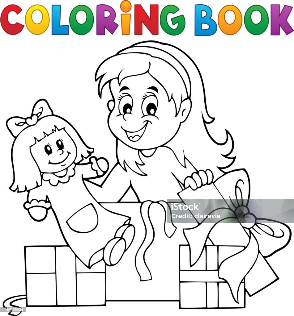 Coloring book girl with doll and gifts