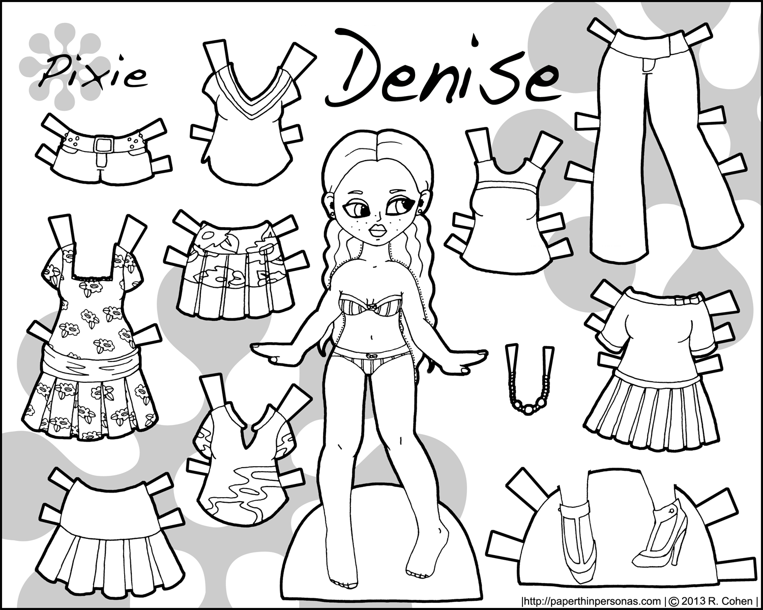 Denise pixie and puck paper doll in florals and pleats â paper thin personas