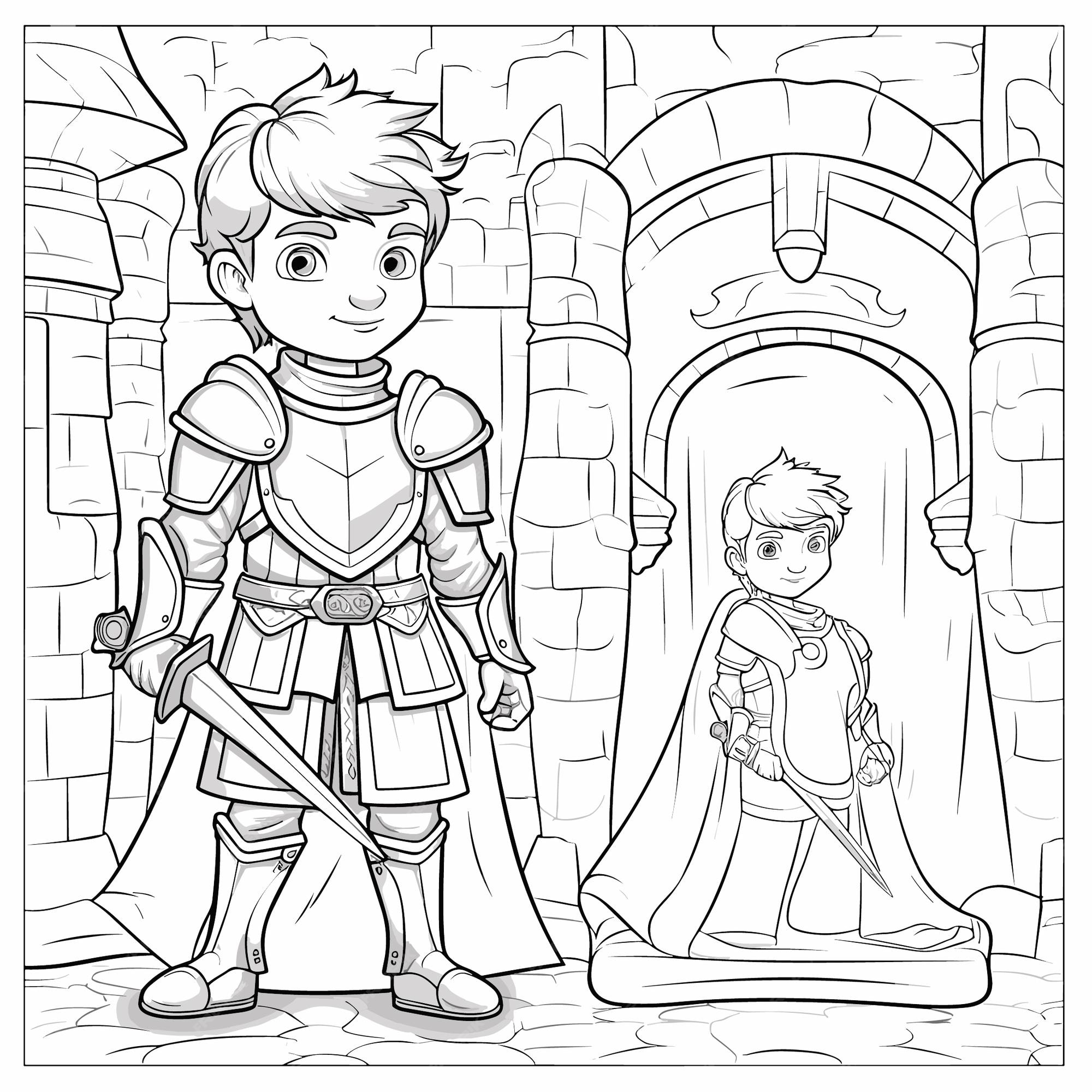 Premium vector vector brave knights and princess coloring page castle armor swords and chibi style fun for kids