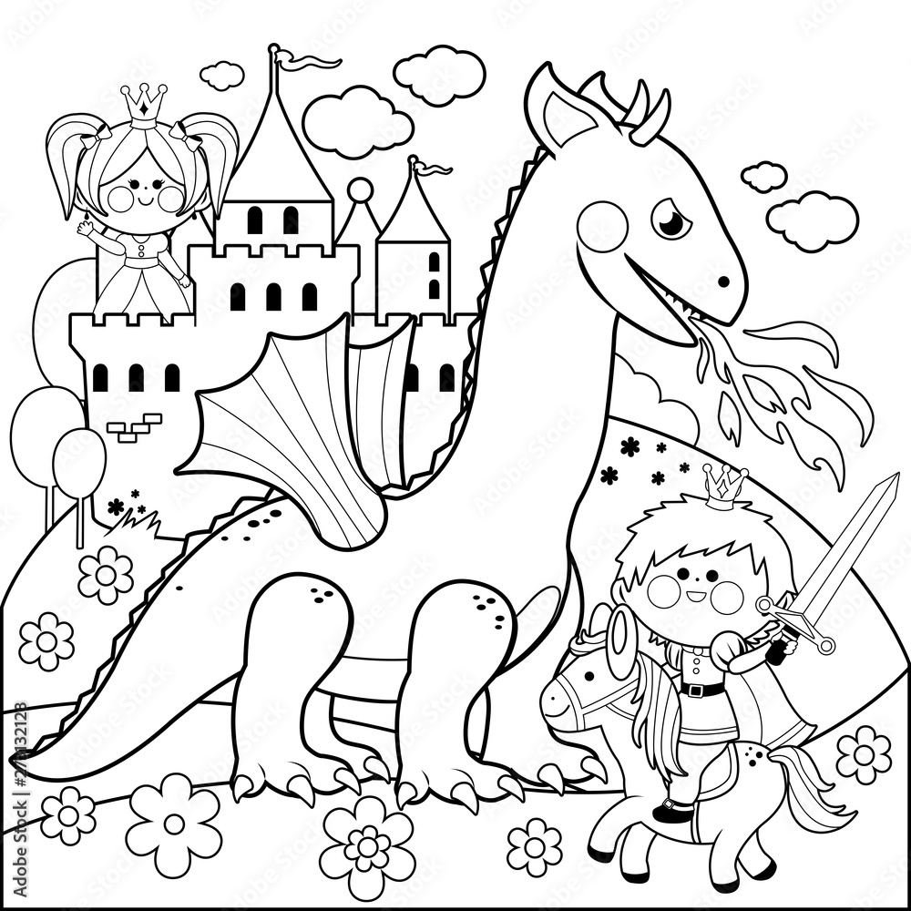 A handsome prince fighting a fire breathing dragon and saving the beautiful princess at the tower vector black and white coloring page vector