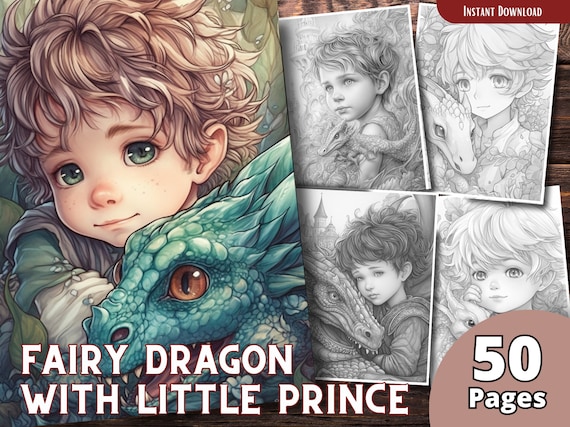 Fairy dragon with little prince coloring pages for adults and for kids coloring pages grayscale coloring book printable pdf