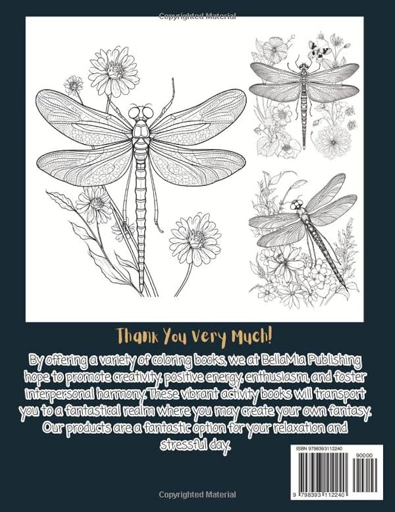 Dragonfly adult coloring book with fine line grayscale magical drawing images for relaxation and stress relief dragonfly adult coloring book for stress relief and relaxation publishing bellamia books